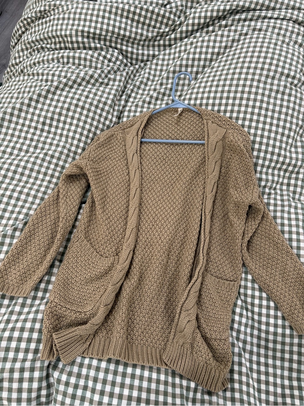 Open-Front Cable-Trim Knit Cardigan Sweater - Tan